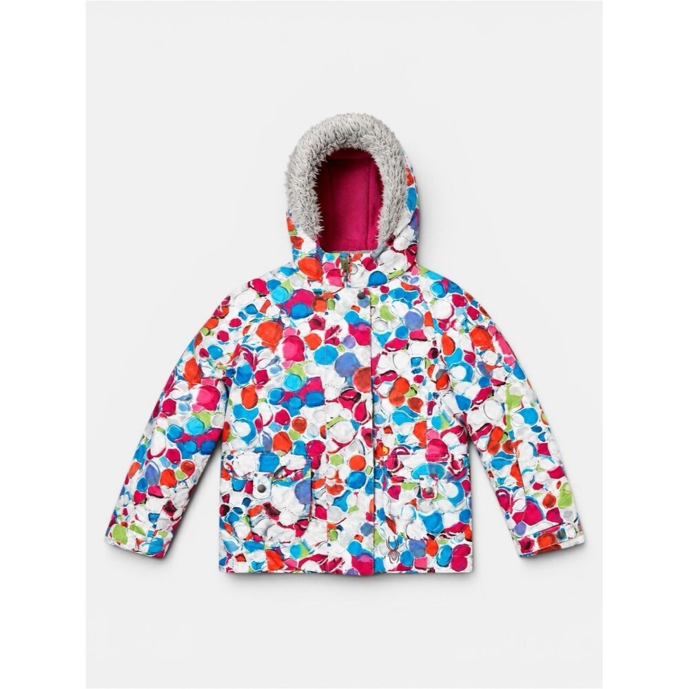 Spyder Girls Lola Insulated Ski Jacket Multicolor Polka Dot Faux Fur Size 12